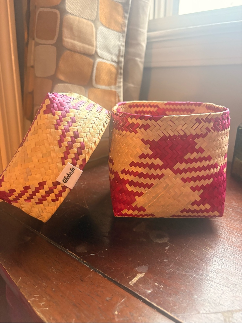 Globe Pink and Natural Woven Lidded Storage Basket